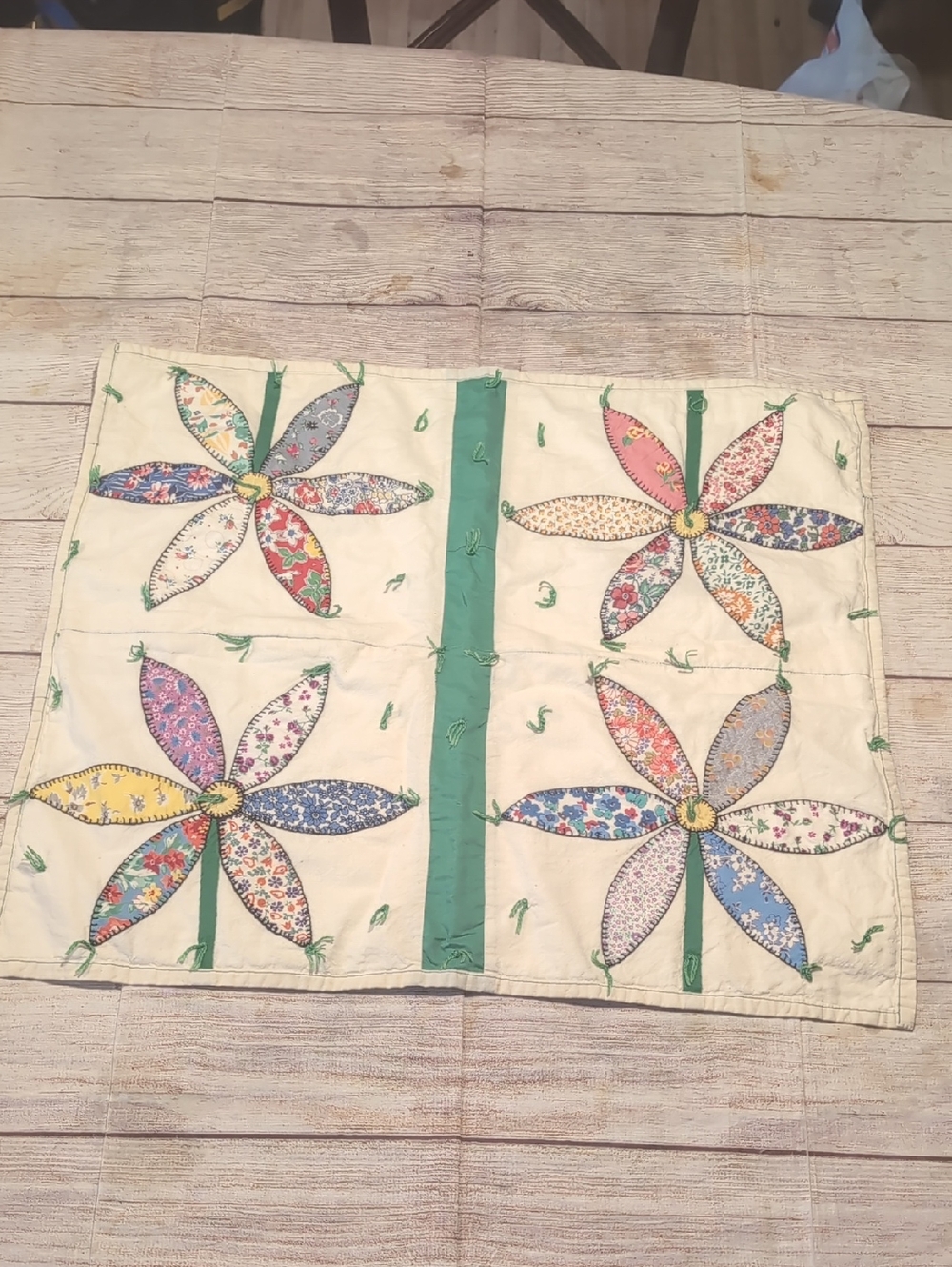 Vintage Stitched Multi Color Floral Square Table Cover/ Wall Hanging